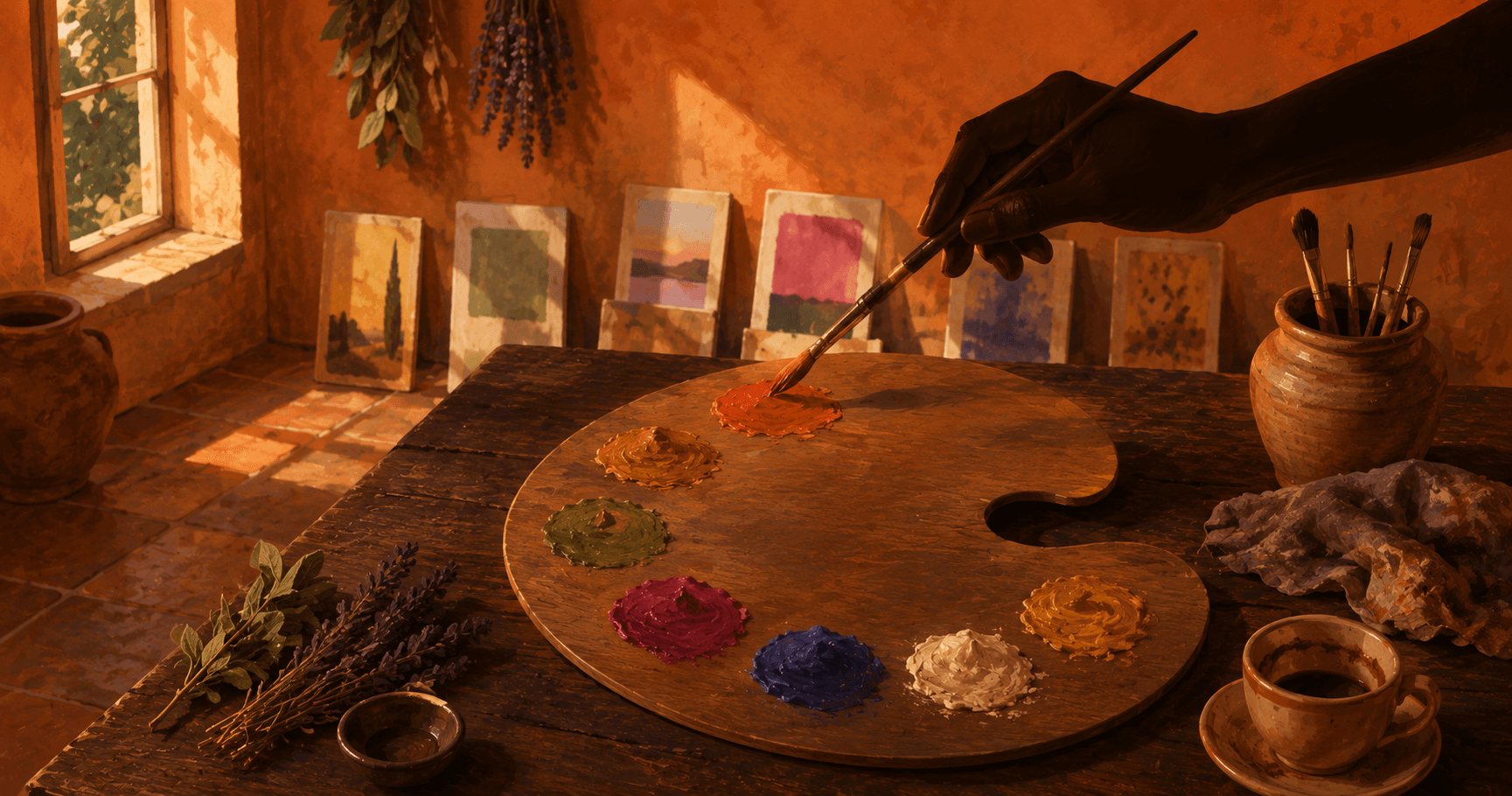 A symbolic evaluation: a painter's hand selecting between mixed colors on a wooden palette in a sunlit Mediterranean studio, with test patches arranged on small canvases in the background