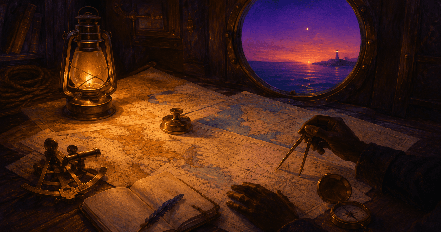 Evaluating automation software companies in 2026: a navigator at a candlelit table at twilight, charts and instruments laid out, calmly weighing routes across an open sea