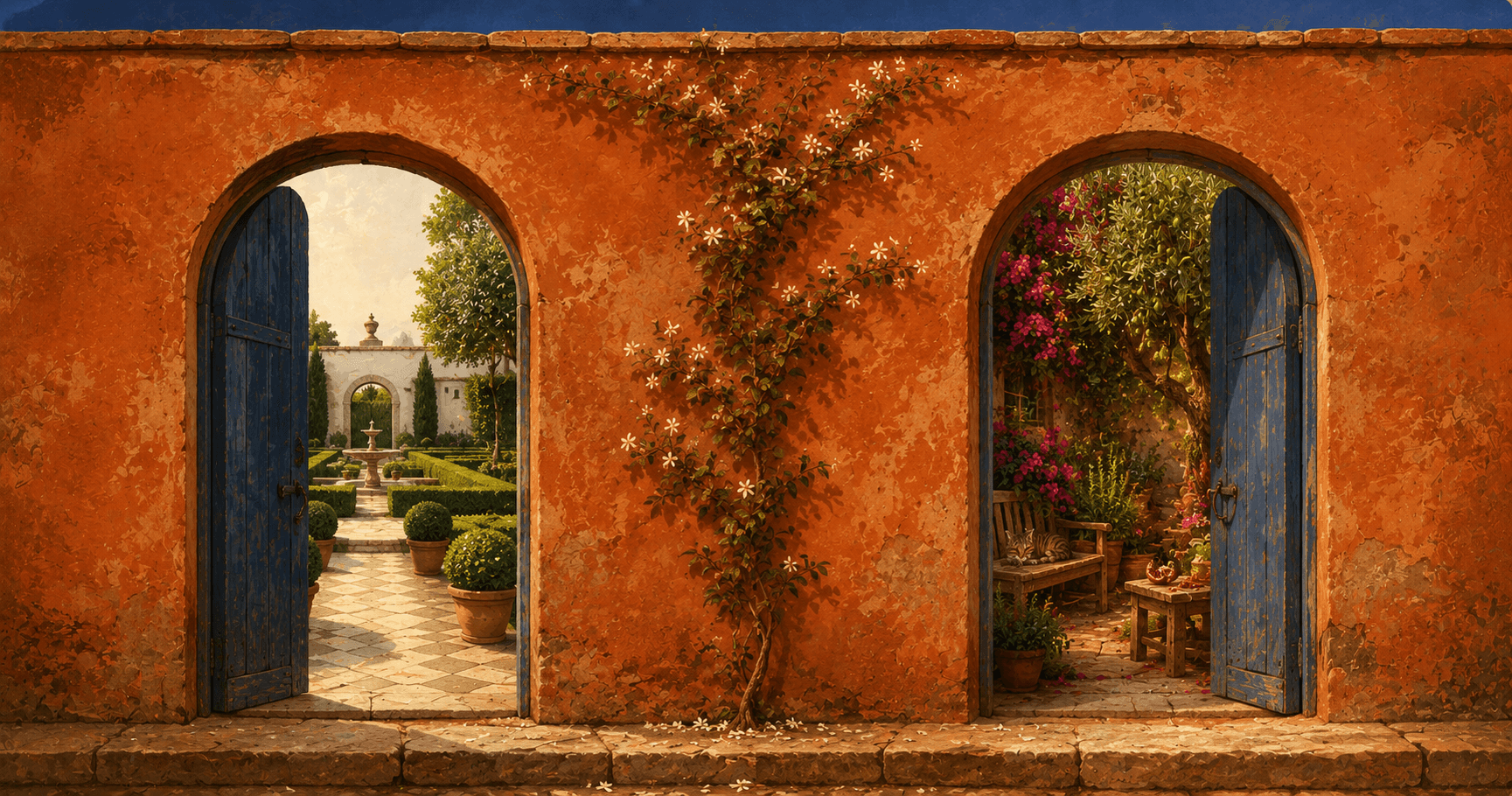 A symbolic decision between two paths in business automation, rendered as two open wooden doors set in a sunlit Mediterranean wall — one leading into a structured formal garden, the other into a wild abundant courtyard