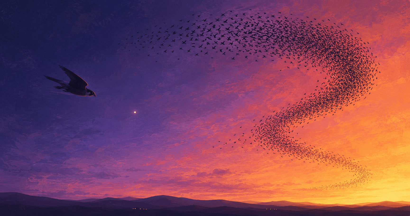 Two paths to business automation: a lone falcon flying with focused intent and a vast murmuration of starlings moving as one — both crossing the same twilight sky toward a warm horizon