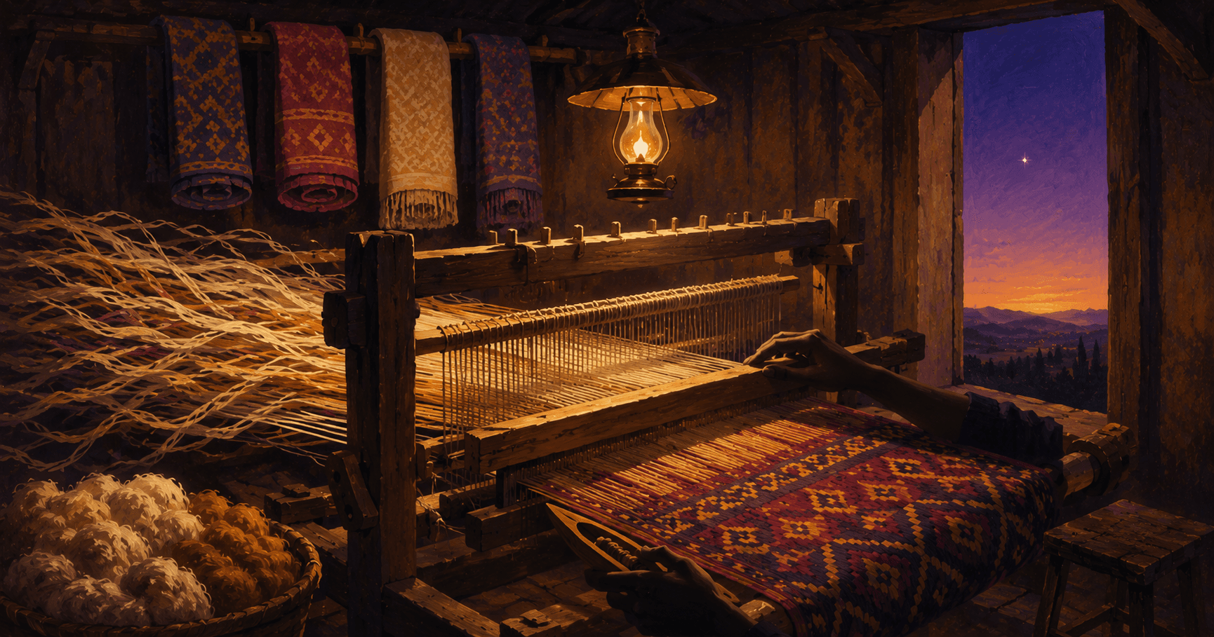 Digital process automation as craft: a weaver at a wooden loom by lamplight at twilight, transforming raw threads into a finished tapestry — a symbolic representation of how DPA tools weave disparate steps into a coordinated whole