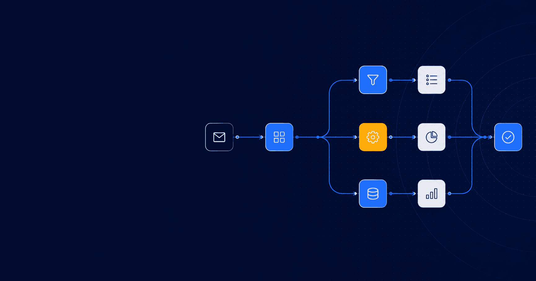 Abstract diagram of an AI automation pipeline with connected nodes and directional flow